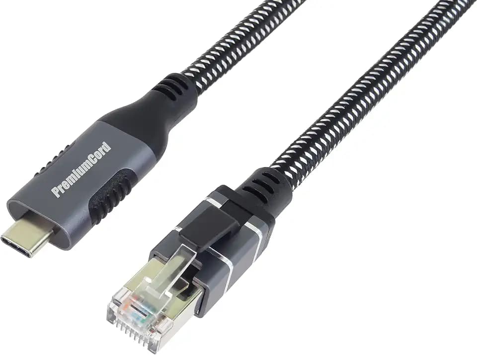PremiumCord Ethernet-Kabel USB-C 3.2 Gen 1 auf RJ45 10/100/1000 Mbit/s, CAT 6 FTP, USB-C Stecker auf RJ45 Stecker, Robustes Geflochtenes Kabel, Farbe Space Gray, Länge 3 m