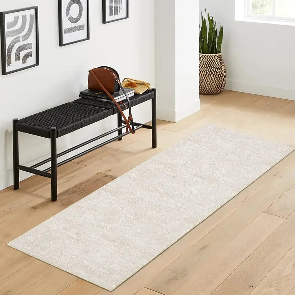 RUGSREAL Modern Runner Rug 2.5x8 Stain Resistant Washable Kitchen Runner Carpet ith Rubber Backing Low Pile Contemporary Solid Color Entryway Mat Ultra Soft Rug for Living Room Bedroom, Beige