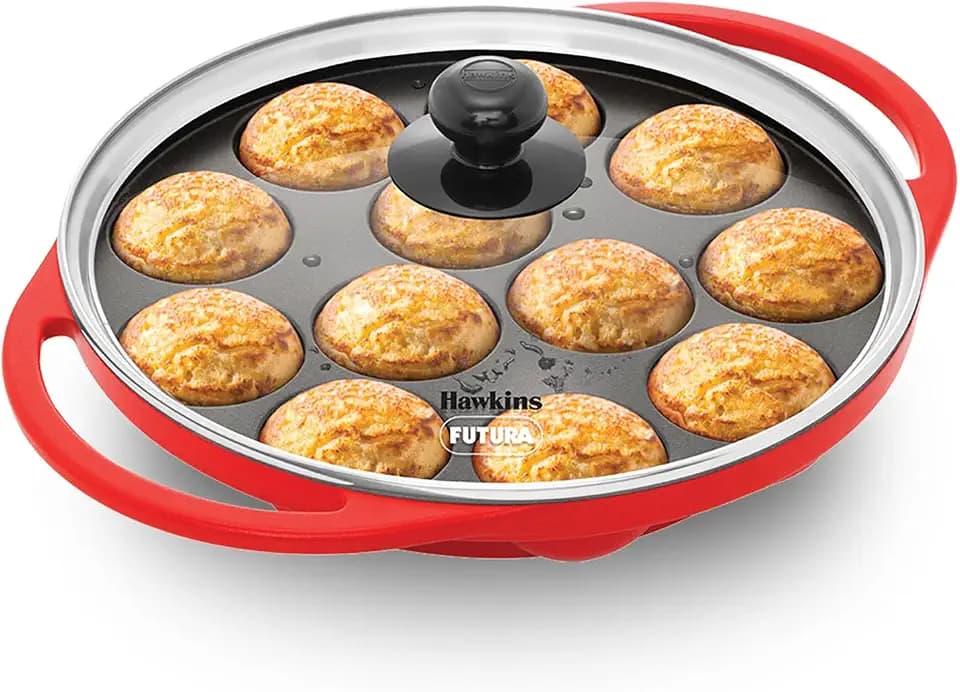 Hawkins Futura 24 cm (inside diameter) Appe Pan 26 cm outer diameter, Non Stick Paniyaram maker with Glass Lid, 12 Cups Paniyarakkal, Litti, Kuzhi Paniyaram, Ponganalu, Red (NAPE24G)