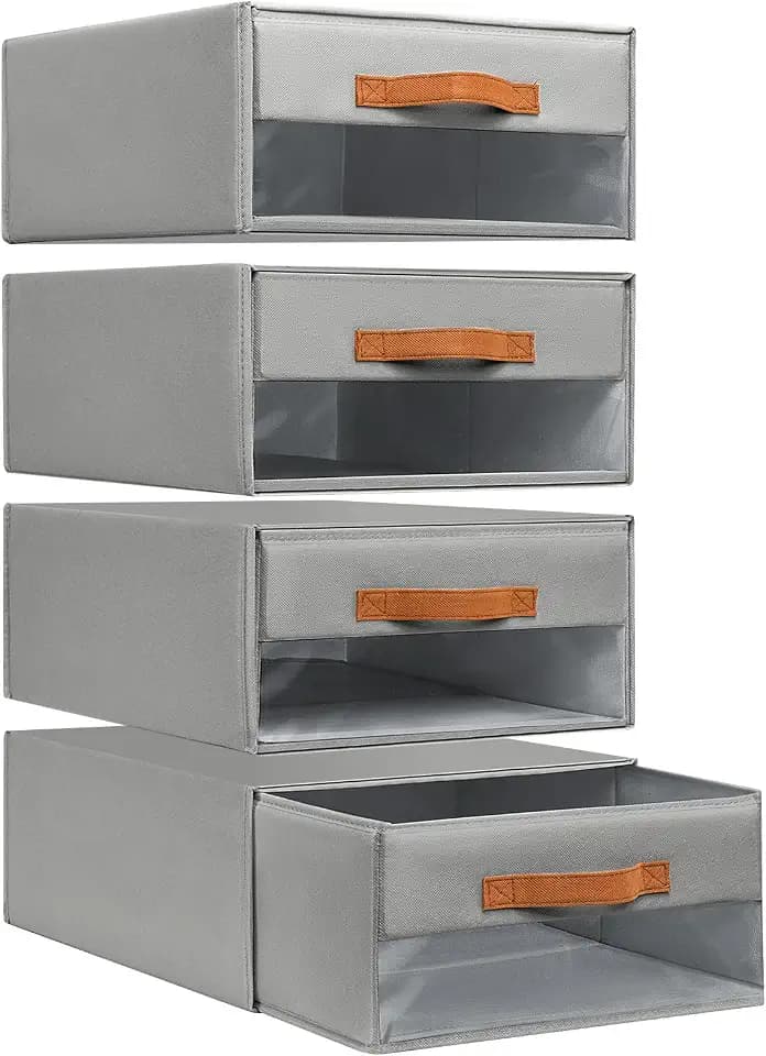 DIMJ Closet Organizers and Storage - Fabric Bins with Drawers for Closet Foldable Clothes Organizers with Clear Window, Stackable Storage Drawers Units for Bedroom, Living Room, 4-Pack, Grey