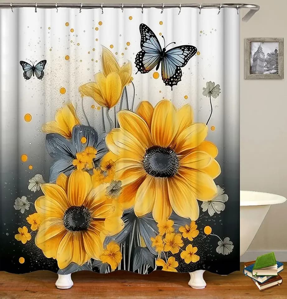 Sunflower Butterfly Shower Curtain Set,70 x 70 inches