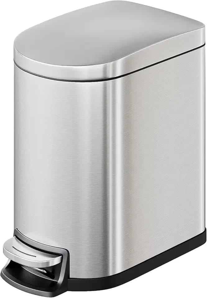 GarveeHome 1.6 Gal Step-On Trash Can, Stainless Steel Small Bathroom Garbage Bin with Soft Close Lid, Slim Space-Saving Design, Removable Inner Bucket for Bathroom, Bedroom, Office, Silver