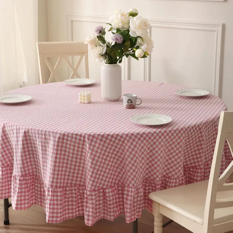 Pink White Gingham Tablecloth Round Dia.70“