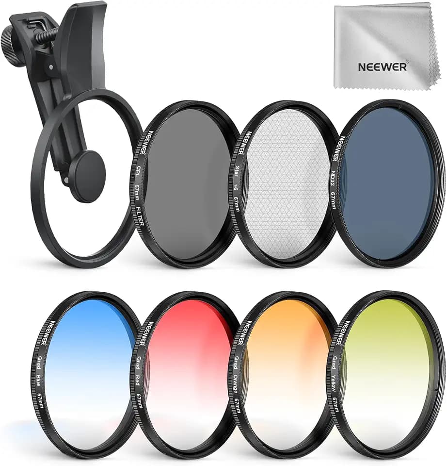 NEEWER 67mm ND Filter Set, 7er Pack, kompatibel mit Android Samsung Google Pixel Huawei Xiaomi, aufsteckbarer CPL Polfilter + ND32 + Sternenlicht + GND (Rot/Orange/Gelb/Blau), Foto Zubehörset, FL-P11