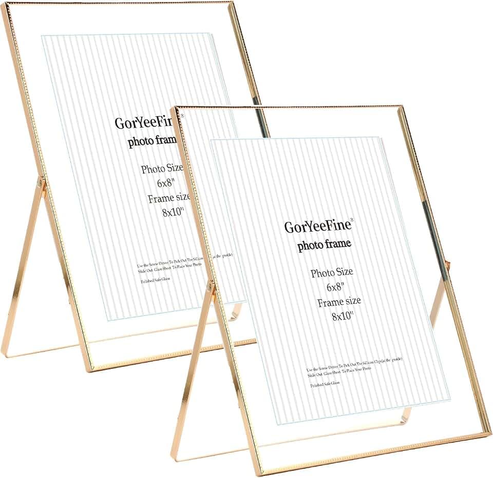 Gold 8x10'' Floating Frame Set of 2,For Photo Sizes( 5x7'',6x8'',7x9''),Beautiful Metal Beaded Edge Frames Adjustable Tabletop/Shelf Photo Frame,Classy Gift Choice for Wedding