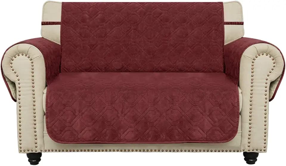 Ameritex Anti-Slip Loveseat Cover Coral Fleece Waterproof Furniture Protector Updated Pattern Supper Soft and Warm Pet Sofa Cover for Dogs and Children (54"-Oversized Loveseat, Burgundy)