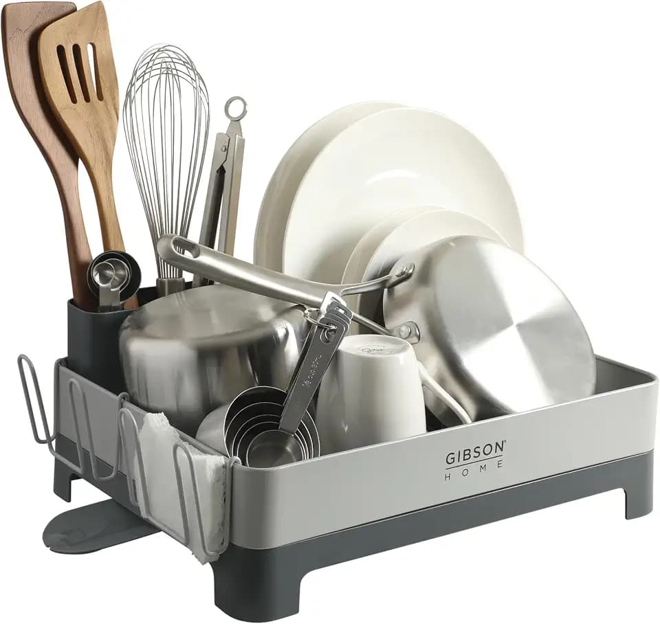 Gibson Home Nestcraft Full Size Rust Resistant Dish Rack with Drain Board and Flatware Caddy - Grey
