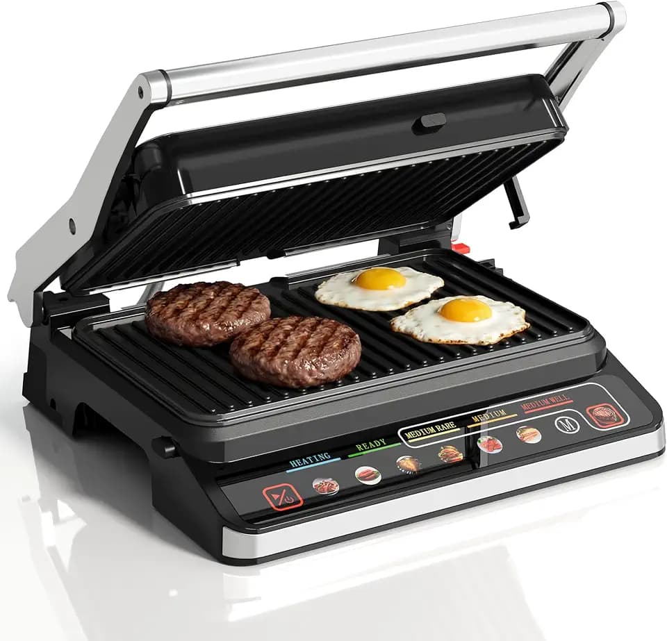 3-in-1 Indoor Grill & Griddle: 180° Flat Opening, Preset Menu, 1600W Electric Panini Press Sandwich Maker with Removable Non-stick Plates, Easy to Clean, Silver