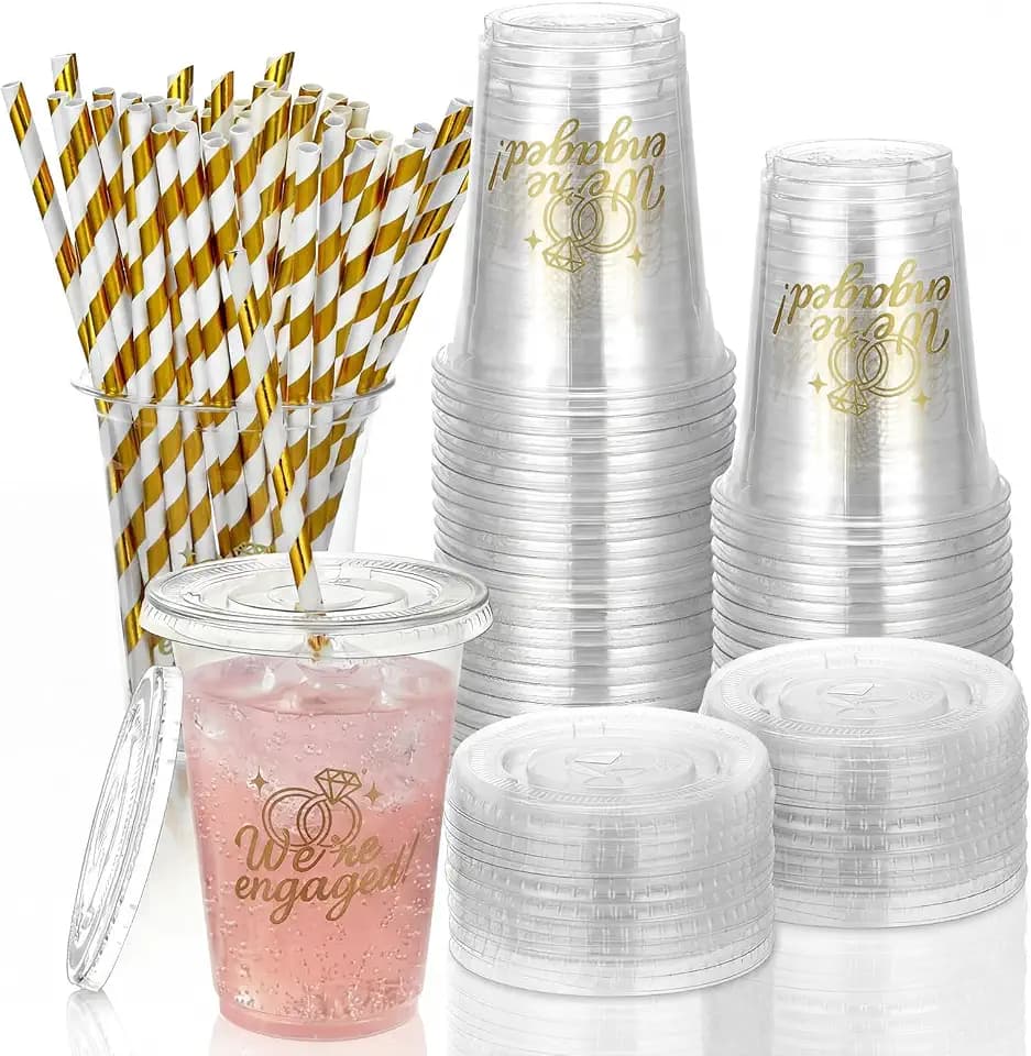 Yungyan 50 Pcs 12 oz We Are Engaged Party Cups with Lid and Straw Golden Bride Engagement Reusable Plastic Clear Cups for Bachelorette Party Drinking Glasses Wedding Bridal Shower Decoration