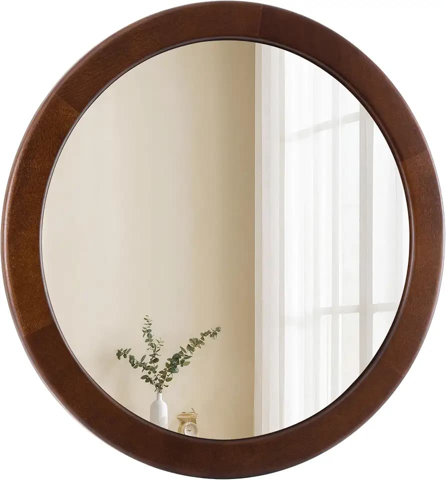 CULER Round Wood Mirror 24 Inch,Circle Mirror with Walnut Frame for Wall