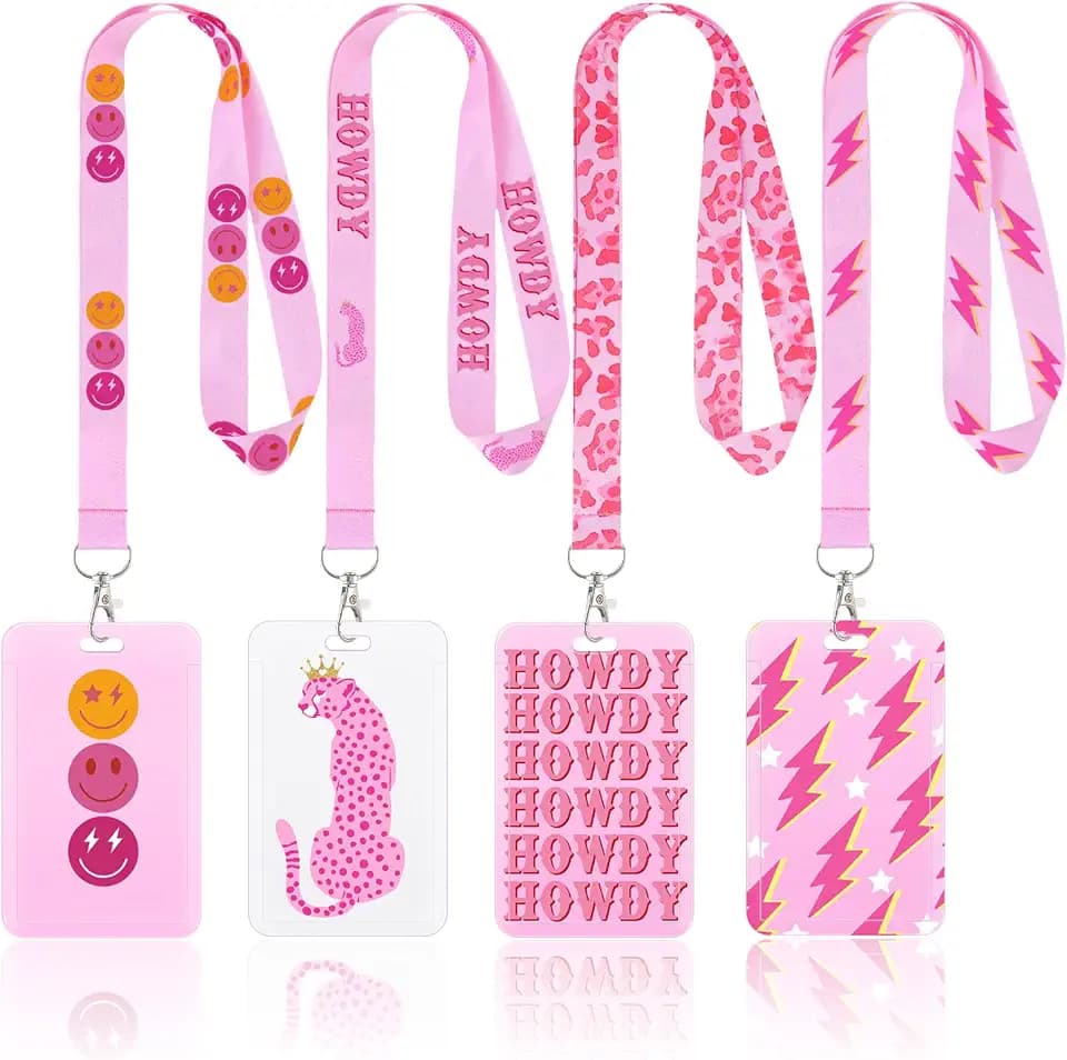 Lincia 4 Pack Preppy Lanyards for Kids, ID Badge Holder with Clip for Girls