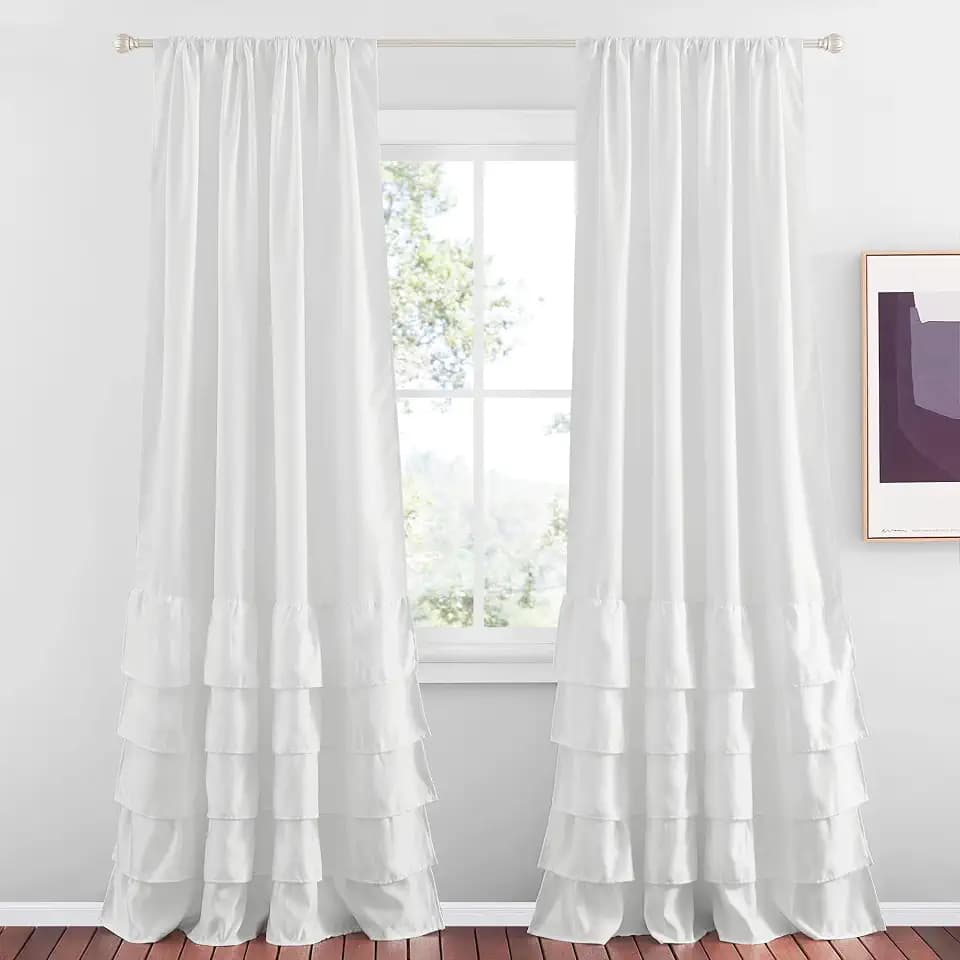StangH White Ruffle Curtains for Bedroom 84 inches Long, Shabby Chic Ruffled Faux Silk Curtains for Living Room/Nursery Kids Room, Luxury Home Decoration for Backdrops, W52 x L84, 2 Panels