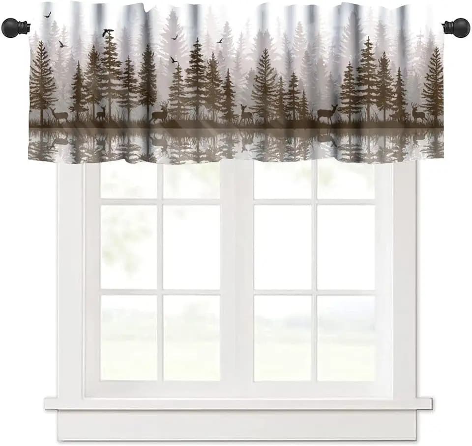 Misty Forest Valance Curtain, Rustic Farmhouse Pine Tree Landscape Country Woodland Deer Print Blackout Short Window Drape for Kitchen Living Room Bedroom, 54x18inch