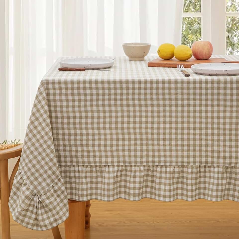 KKJIAF Taupe Gingham Tablecloth 52 x 70 Inch, Cotton Plaid Tablecloth