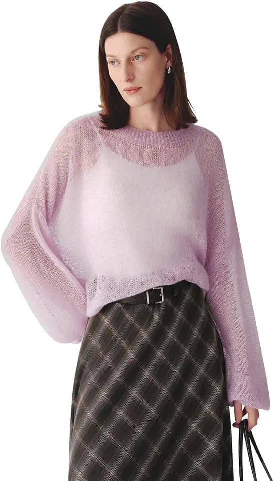 Silk Cashmere Blend Sweater for Women, Lightweight Crewneck Knit Pullover Jumper for Spring Layering
