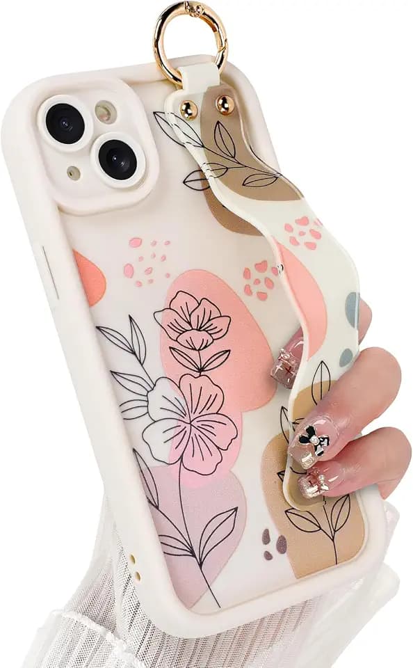 Cute for iPhone 13 Case with Strap Stand, Beige Flowers