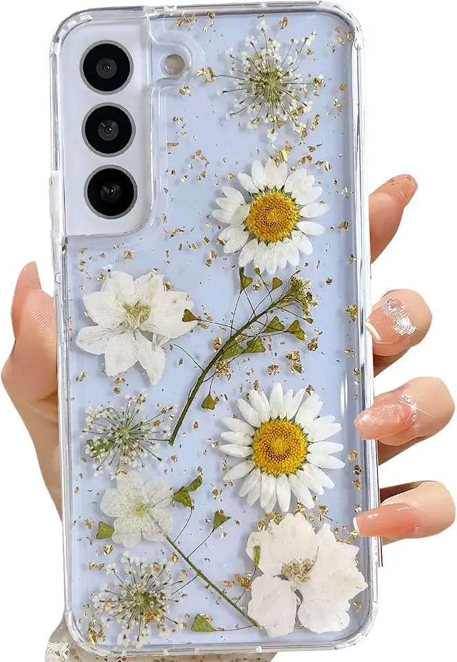 LSEEKA for Samsung Galaxy S22 Clear Case with Pressed Real Dried White Flower Design,Transparent Glitter Cute Floral Slim Soft TPU Protective Phone Cover for Samsung Galaxy S22
