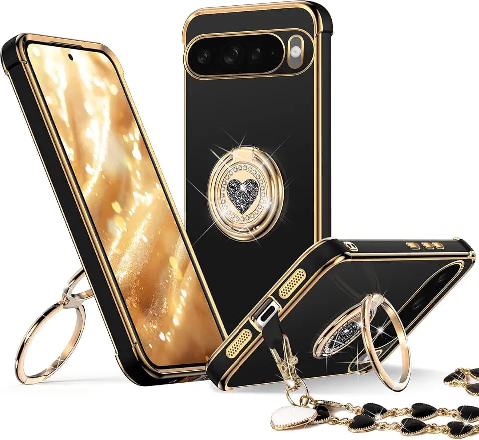 XYZ for Google Pixel 10 Case with Stand, Phone Case with Double Ring Kickstand, Women Girls Cute Love-Heart Luxury Bling Protective Cover for Google 10, Black