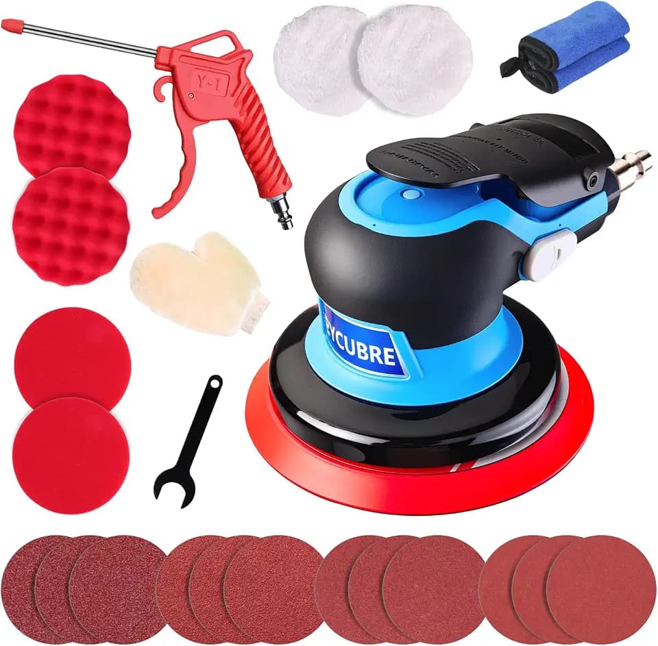 5 Inch Pneumatic Da Sander Kit (with 12 Sandpapers, Polishing Pads, Accessories & A Free Air Blow Gun) – Air Sander for Auto Body Specialized, Pneumatic Orbital Sander, Professional & DIY Compatible