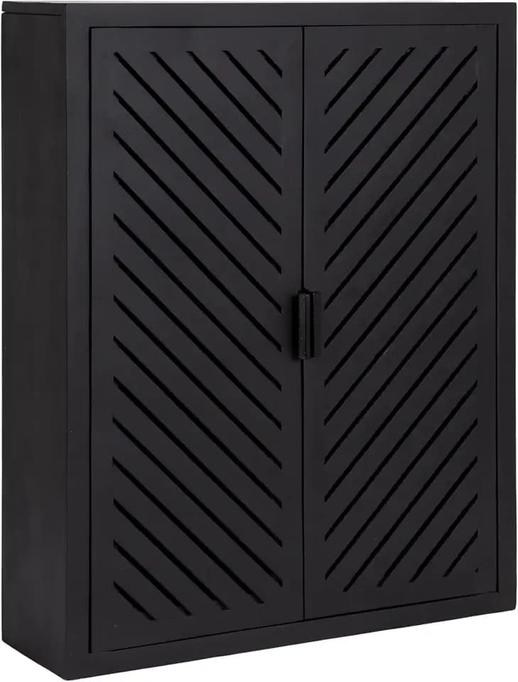 Kate and Laurel Mezzeta Decorative Modern Two-Door Floating Bathroom Cabinet, 22 x 7 x 28, Black, Decorative Over Toilet Storage Cabinet Made from Solid Mango Wood with Slatted Chevron Design