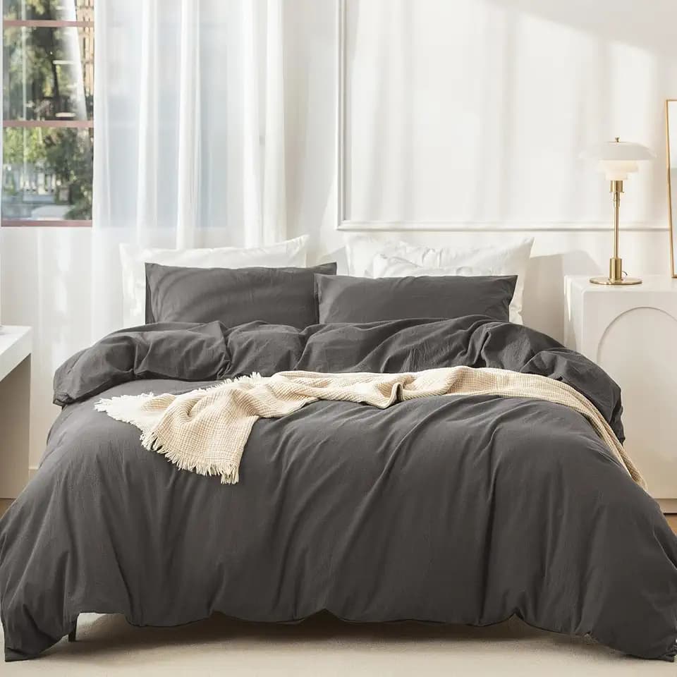 JIYUAN Queen Washed Cotton Duvet Cover Set, 3-Piece, Relaxed Linen Feel