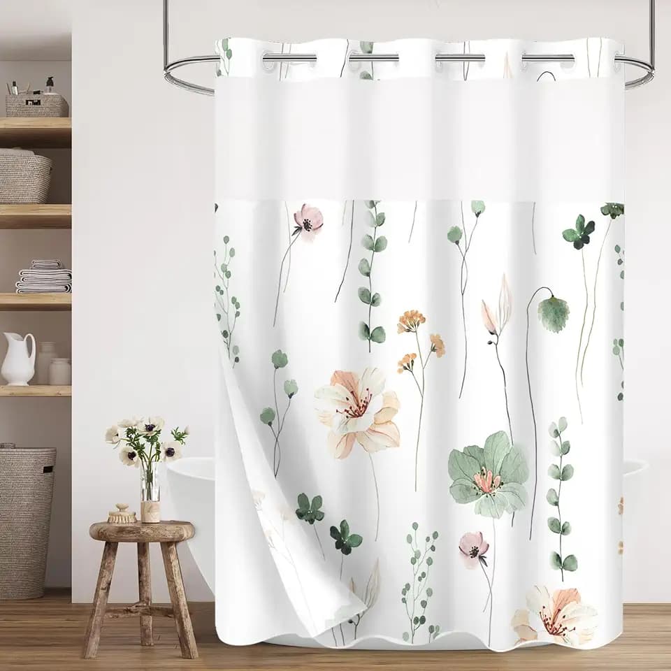 Gibelle No Hook Floral Shower Curtain with Liner, Sage Green Beige, 72x74