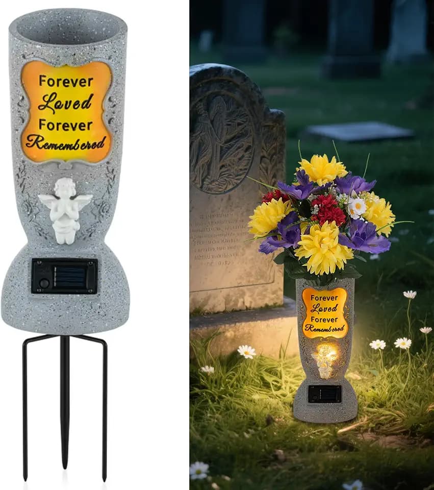 Solar Cemetery Grave Vase: LED Angel, Headstones Vase, with Spike