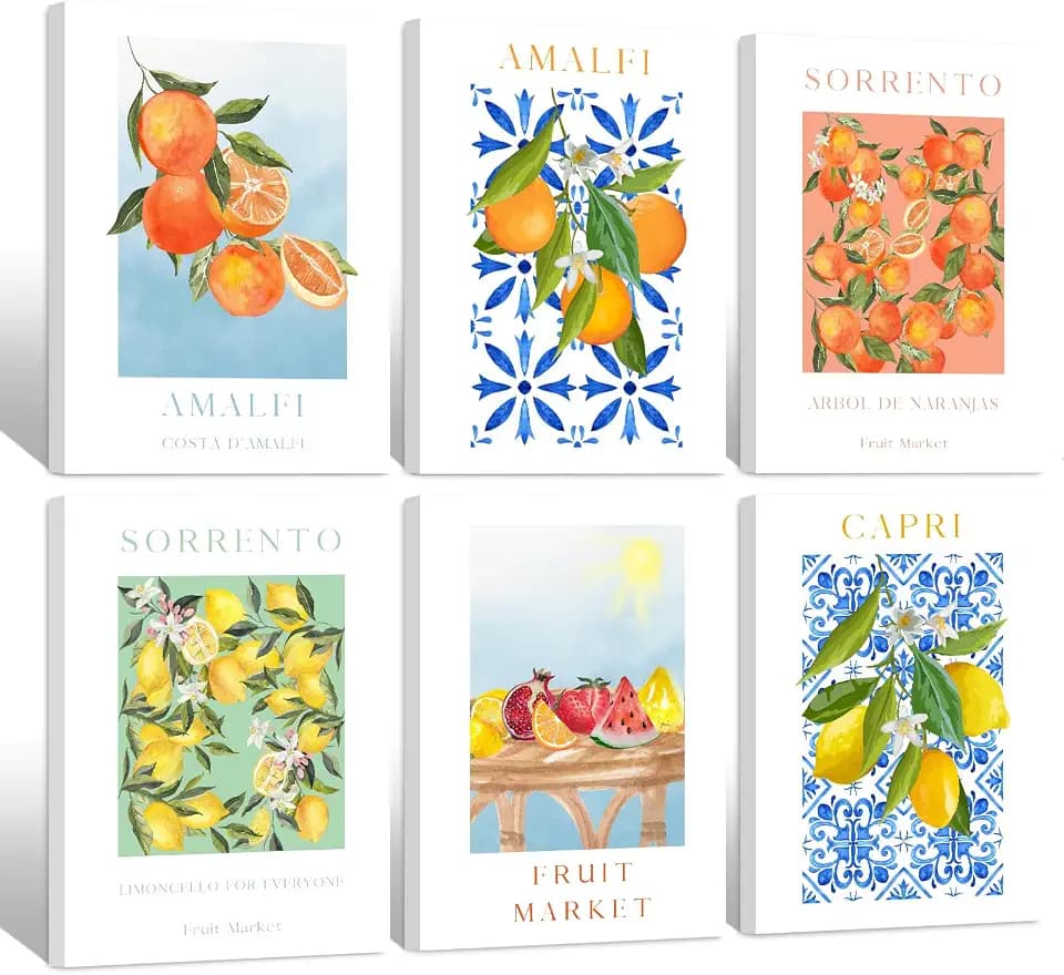 Baccone Fruit Wall Art Kitchen Artwork Wall Decor Fruit Market Prints Poster Colorful Lemon Canvas Wall Art Vintage Pictures Lemon Orange Prints Set of 6 for Room Bedroom 12x16 Inch Ready to Hang