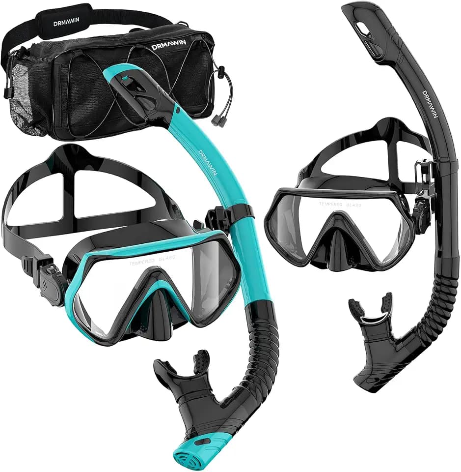 DRMAWIN Snorkeling Gear for Adults & Kids, Dry-Top Snorkel Set with 180° Tempered Glass Mask, Anti-Fog Anti-Leak, Travel Mesh Gear Bag