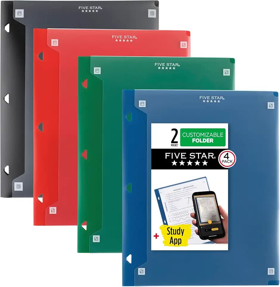 Five Star 2-Pocket Folder + Study App, 4 Pack, Customizable Cover, Fits 3 Ring Binder, Assorted Classic Colors (330092A-ECM)