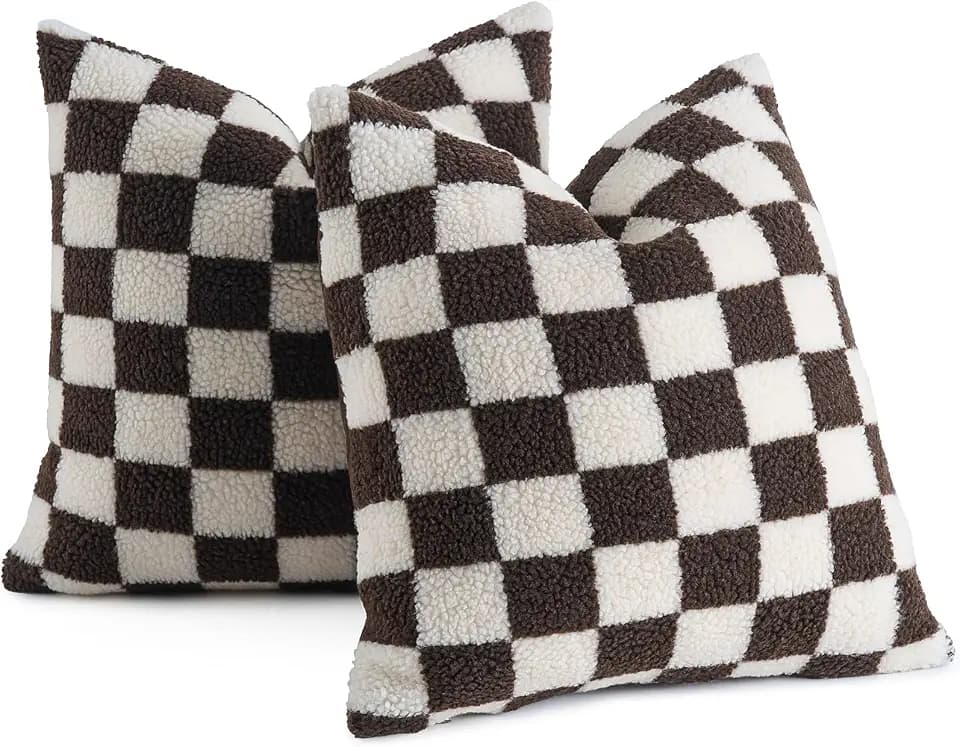 AmHoo 2 Pack Checkerboard Throw Pillow Covers 18x18 Inch Coffee