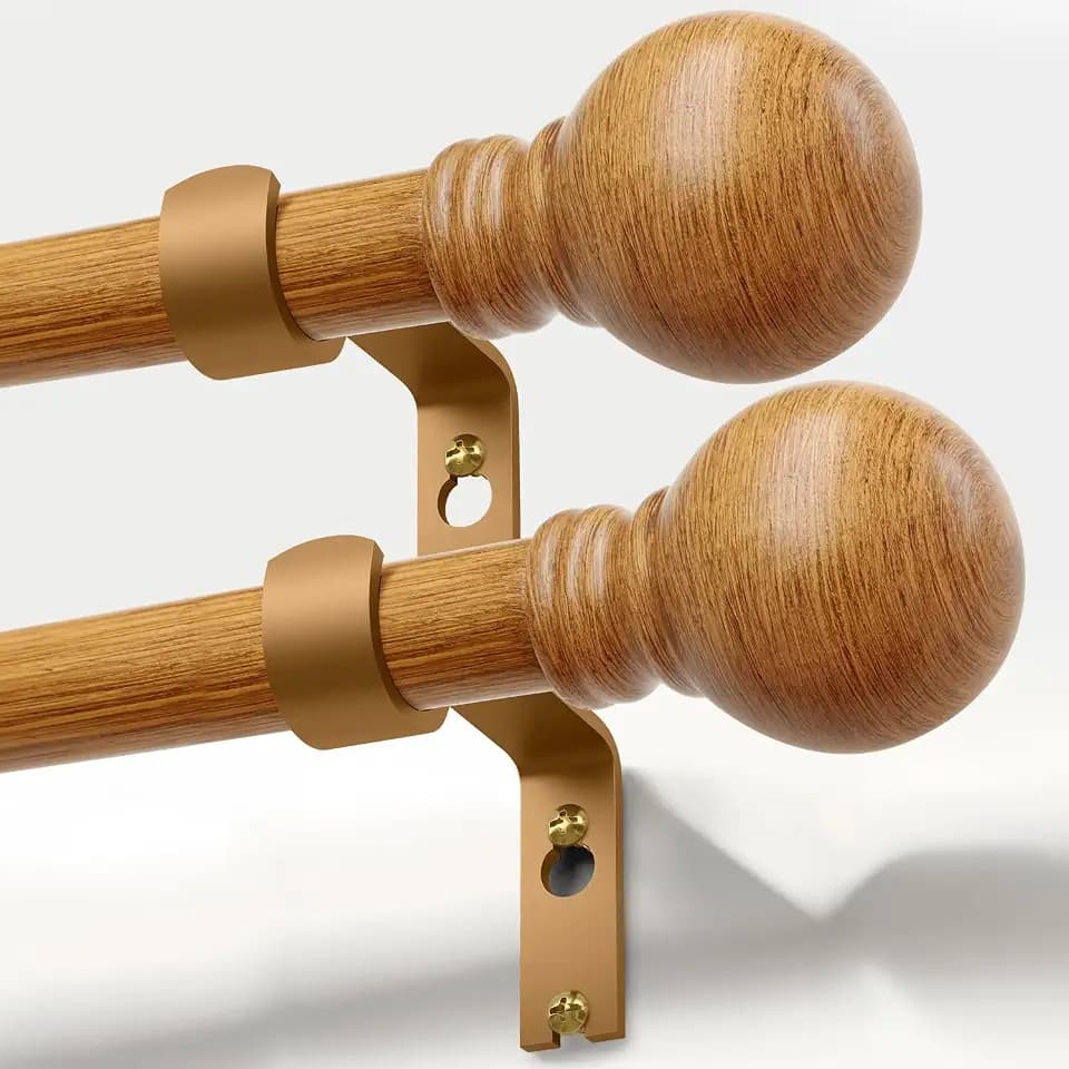 2 Pack Wood Curtain Rods for Windows 66 to 120 inch Adjustable Iron
