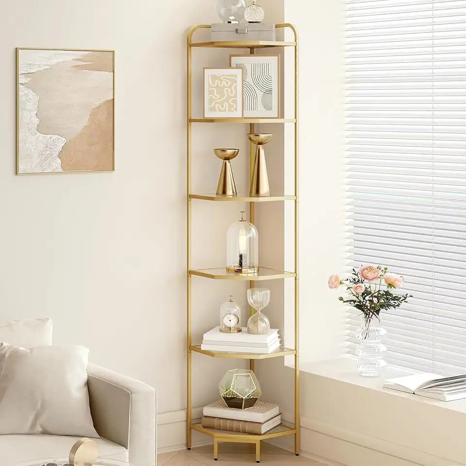 Hzuaneri Corner Shelf Stand, 6-Tier Glass Bookshelf Bookcase, Plant Stand