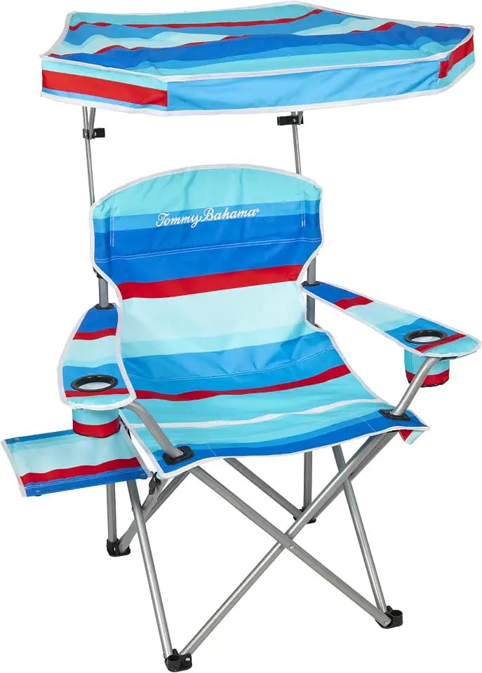 Tommy Bahama Max Shade Folding Quad Chair, Side Table, Blue/Red Stripe