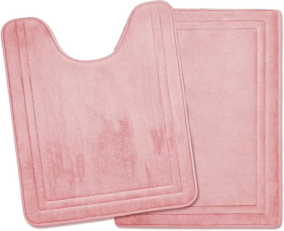 Light Pink Bathroom Rugs Memory Foam Bath Toilet Contour Mat Set 2 Piece