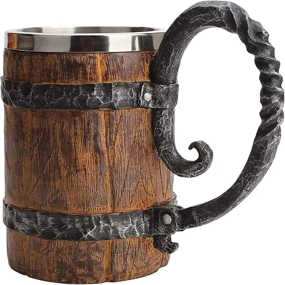 Wooden Barrel Beer Mug, Double Wall Stainless Steel Tankard, 18oz