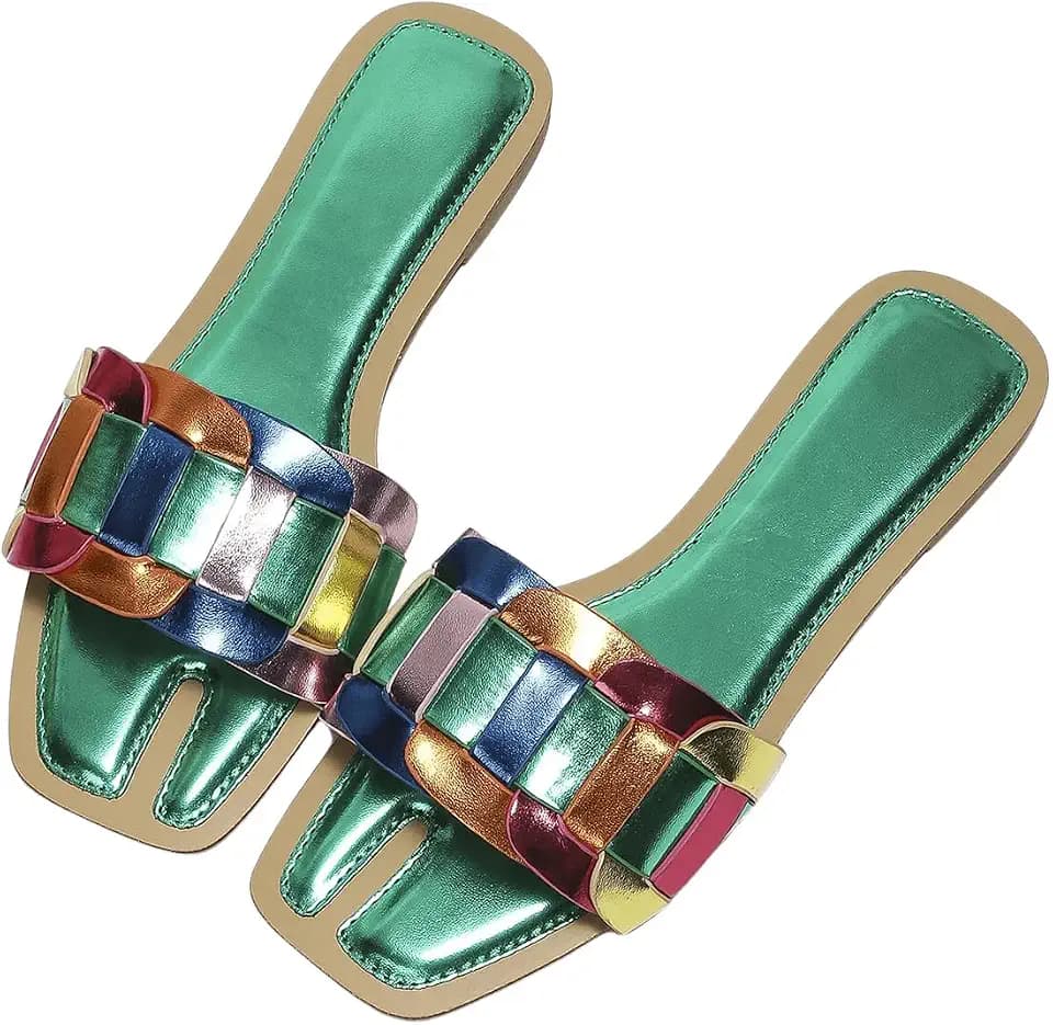 GORGLITTER Women's Colorful Sparkly Multi Colored Summer Slip Flat Sandals