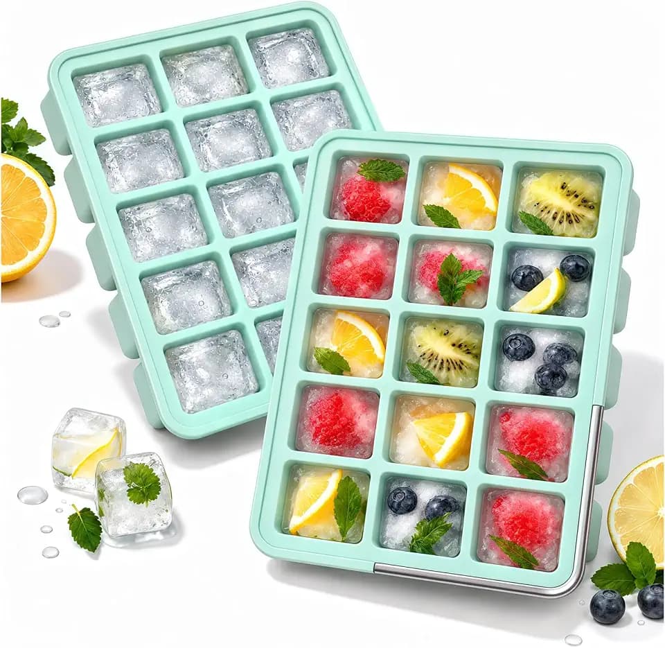 CAKETIME 2 Pack Silicone Ice Cube Trays with Lid Reusable Metal Reinforced BPA-Free Freezer Containers Bin Molds Stackable Easy Release Home Bar Essentials Coffee Whiskey Juice Drinks Must Haves