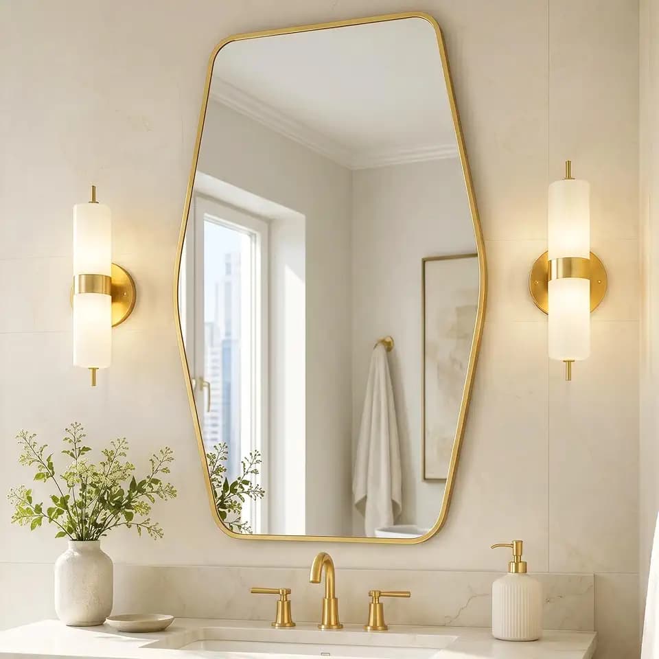 24x36 Inch Brushed Gold Bathroom Vanity Mirror, Rounded Hexagon