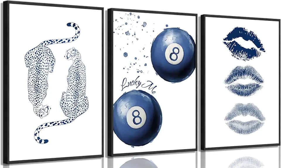 3Pcs Trendy Navy Blue Leopard Wall Art Preppy Y2K Kiss Lips Paintings Pictures Cheetah Wall Decor Vintage Lucky 8 Ball Posters Print for Girl Bedroom Living Room Dorm Offices 16x24in Unframed