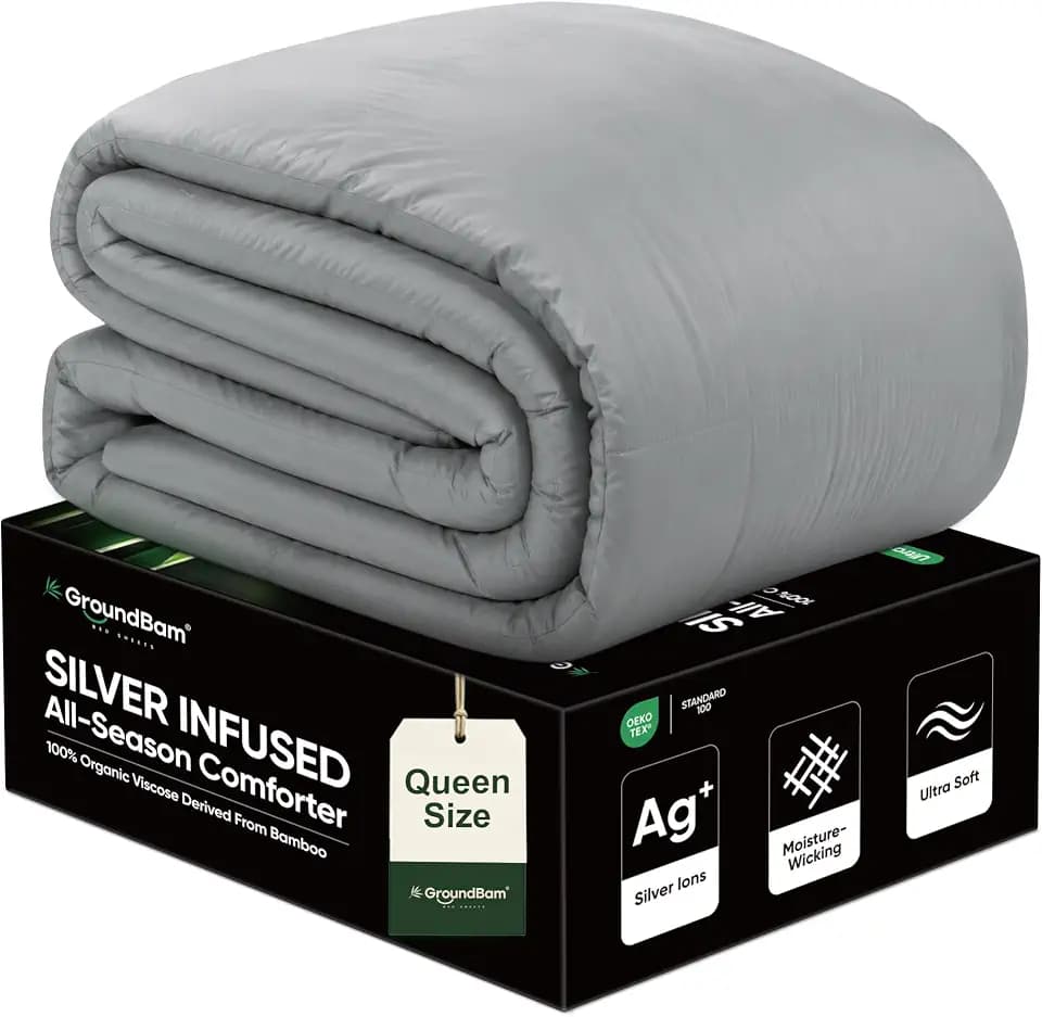 Cooling All-Season Down Alternative Comforter, Silver-Treated Lightweight Duvet Insert, Cool-to-The-Touch Bamboo Comforter, 100% Bamboo Viscose Outer Cover - Gray, Queen