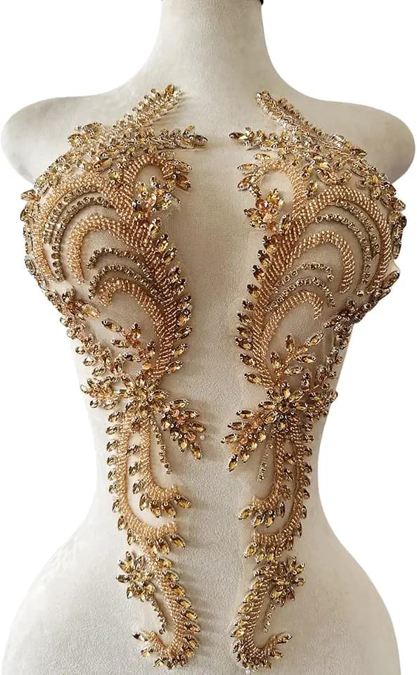 Handmade Rhinestones on Lace Applique Trim Sewing Beads Sequins Trim Patches for Wedding Dress Accessories 1Pair/Bag 5.9X21inches (Champagne)