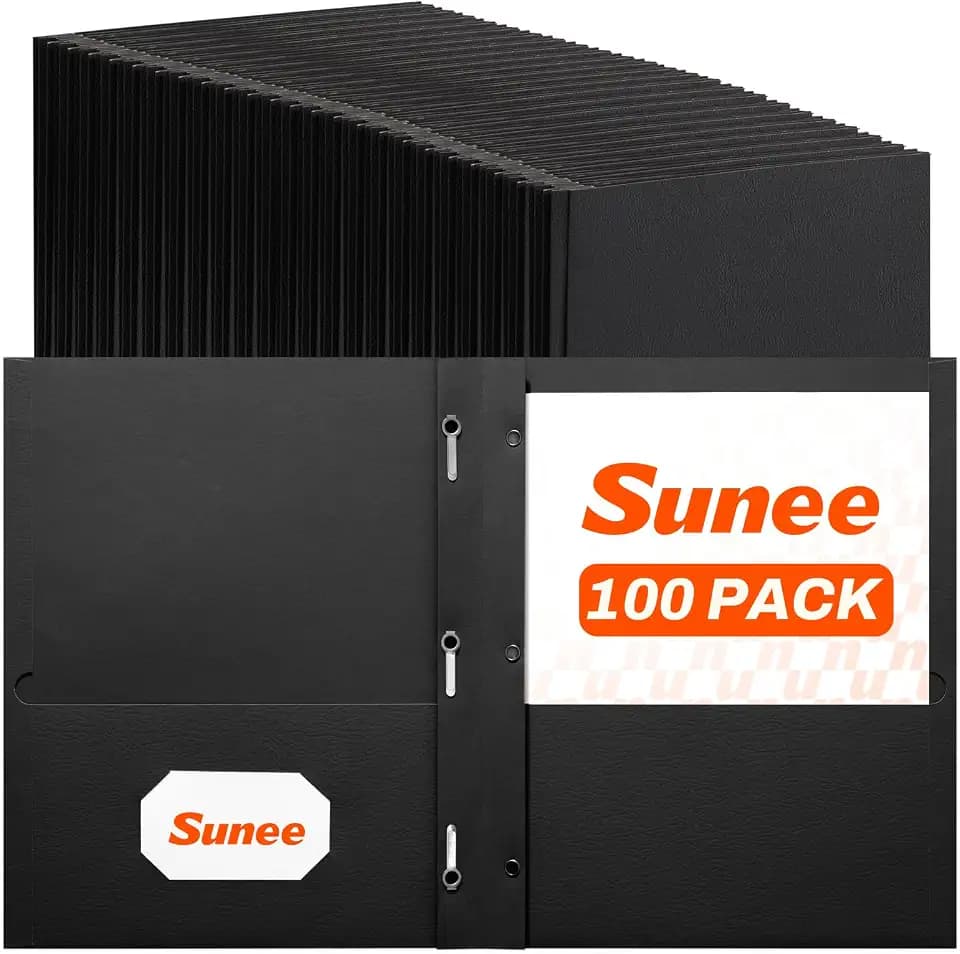 SUNEE 2 Pocket Folders with Prongs (100 Pack, Black), Paper Folders with 2 Pockets and 3 Prongs Fit Letter Size Paper, Folders with Prongs for School Office Home Business