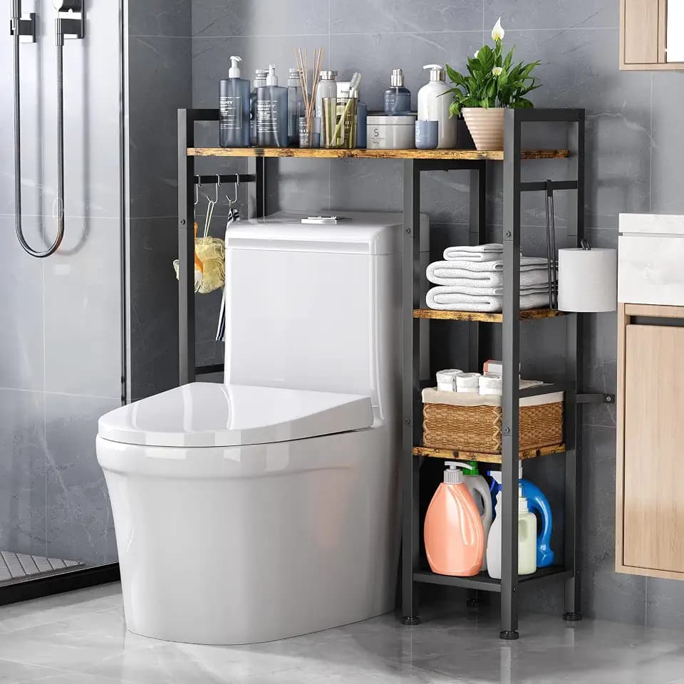 Over The Toilet Storage with Side Rack, 4-Tier Over Toilet Storage Rack with Thick Wood Top Shelf & 3 Small Side Shelves, Freestanding Bathroom Organizer for Bathroom, Laundry, Bal