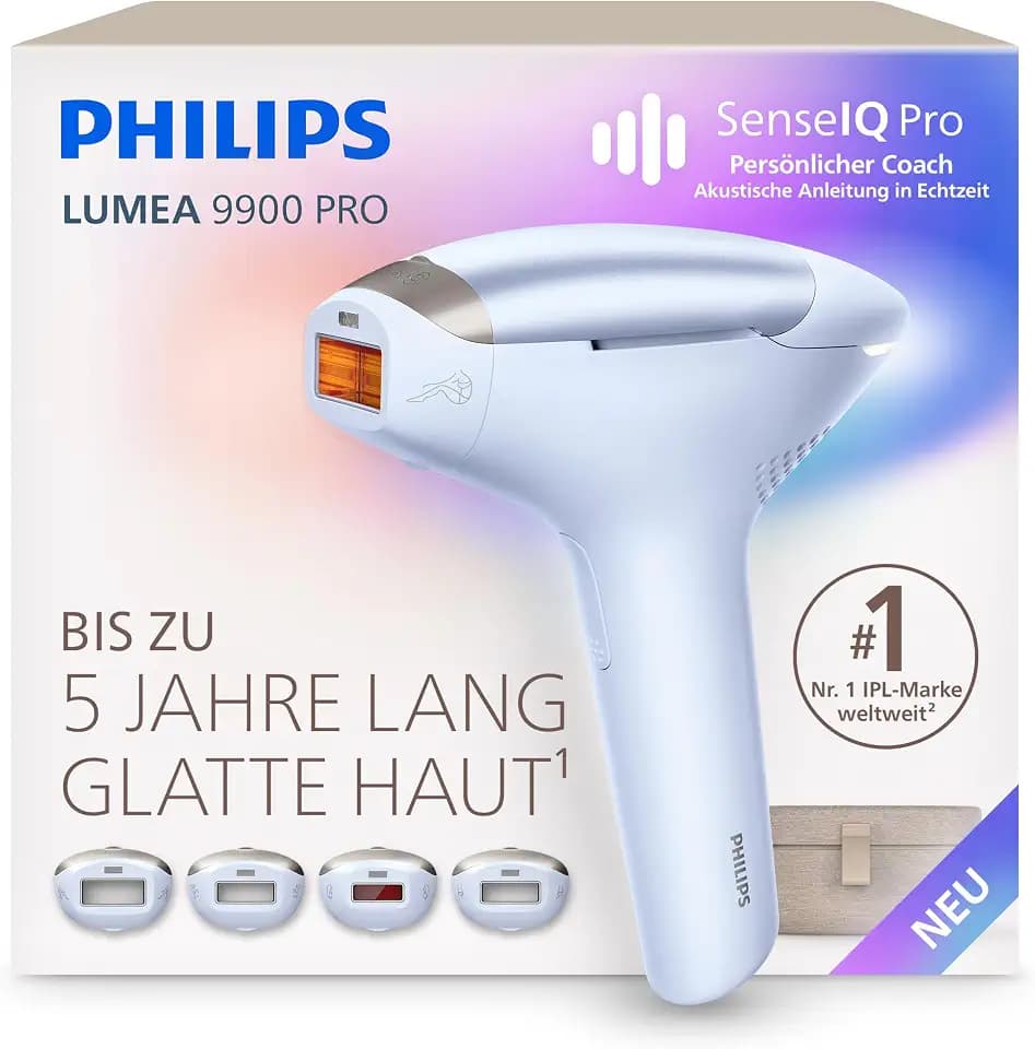 Philips Lumea 9900 Pro IPL-Haarentfernungsgerät - bis zu 5 Jahre seidig glatte Haut, Anwendung zu Hause, medizinisch zertifiziert, 4 Aufsätze: Körper, Gesicht, Bikinizone, Achseln, BRC343/00