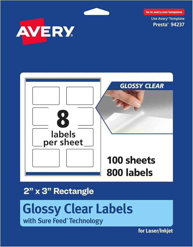 Avery® Glossy Clear Rectangle Labels, Sure Feed® Technology, 2" x 3", 800 Labels, Print-to-the-Edge, Laser and Inkjet Compatible