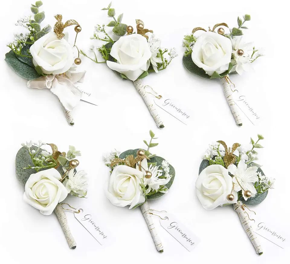 Ling's moment Boutonniere for Men, 6pcs White Baby Breath & Ivory