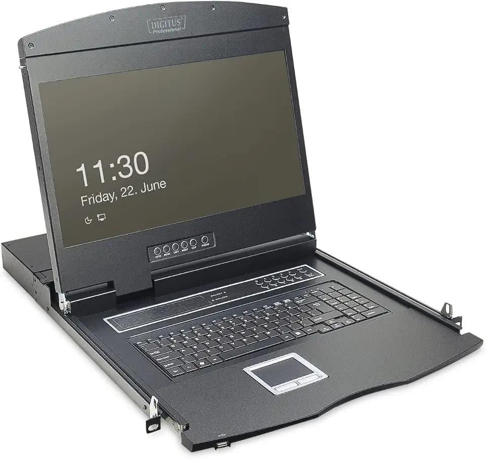 DIGITUS Professional KVM-Konsole mit KVM-Switch 8 Anschlüsse Deutsch 48,3 cm 19" Rack einbaufähig 1366 x 768 1000:1 Schwarz RAL 9005 1U