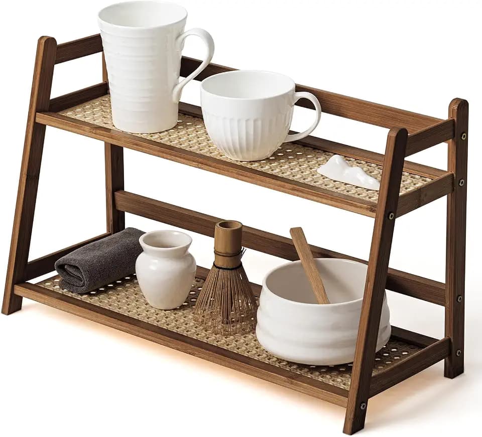 Yalikop 1 Pcs 2 Tier Matcha Station Shelf Bamboo Coffee Mug Stand Countertop Storage Rack, Double Layer Rattan Office Cup, Kitchen, Tea, Plant, Bar Accessories Condiment Display(Brown,17.7 Inch)