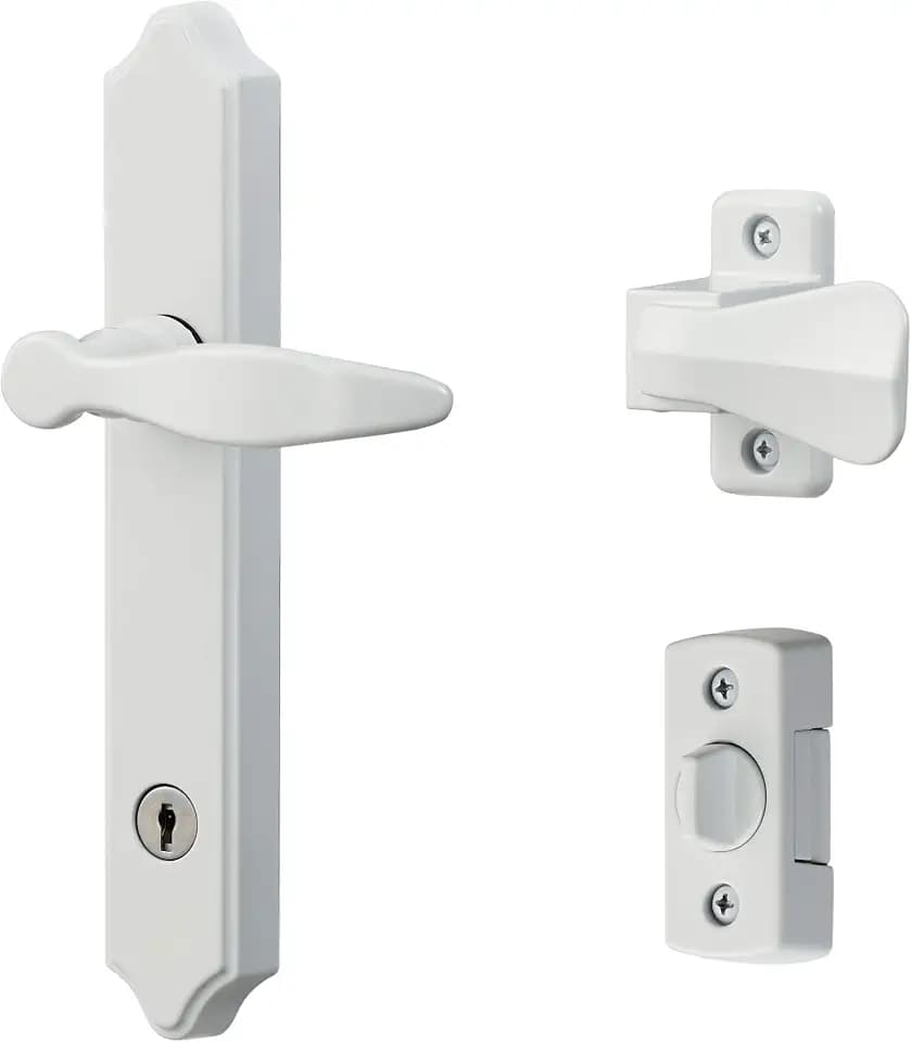 Ideal Security 1216 Surface Mount Storm Door Handle with Lock and Key for 1 – 1 ½ inches Thick Doors (White, 4-Posts)